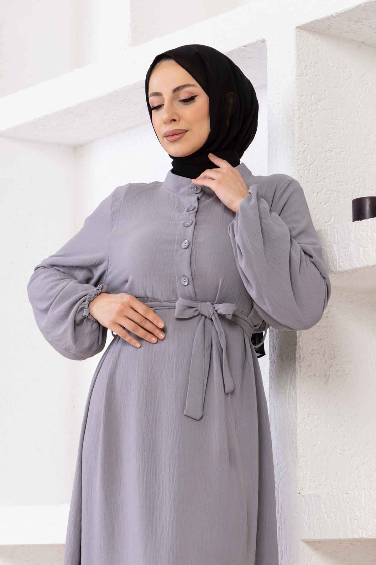Düğmeli Ayrobin Kumaş Elbise - Gri