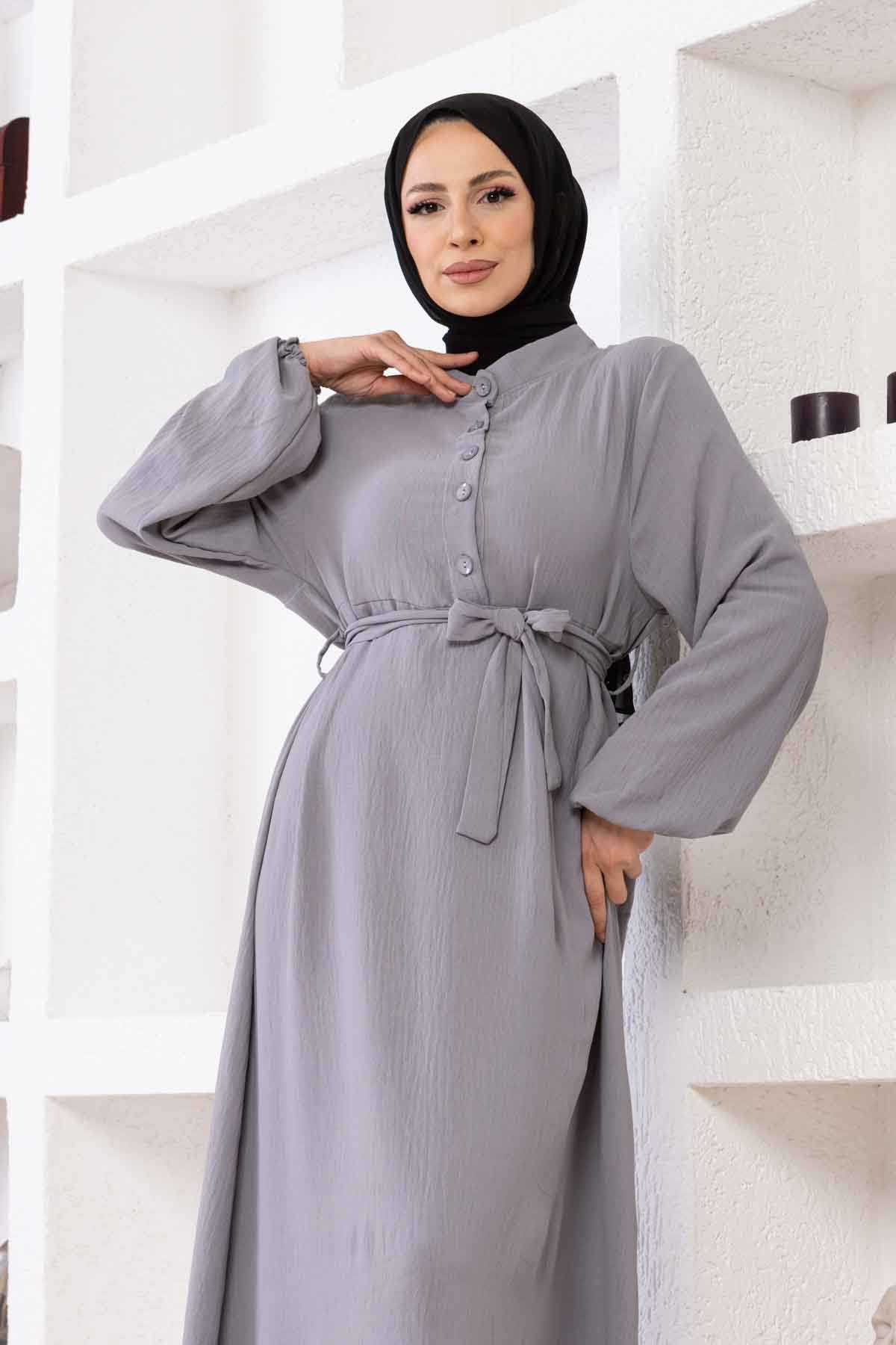 Düğmeli Ayrobin Kumaş Elbise - Gri