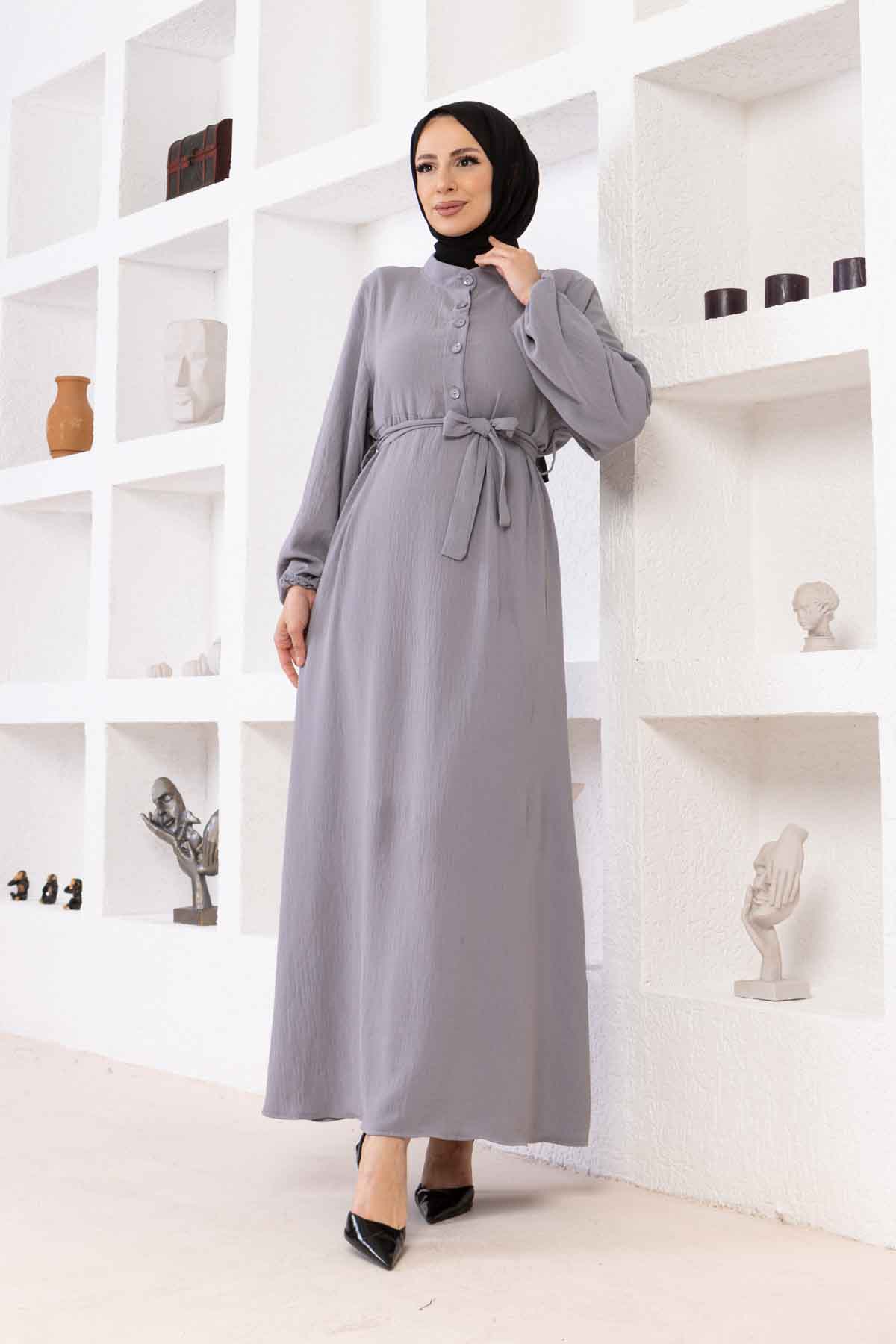 Düğmeli Ayrobin Kumaş Elbise - Gri