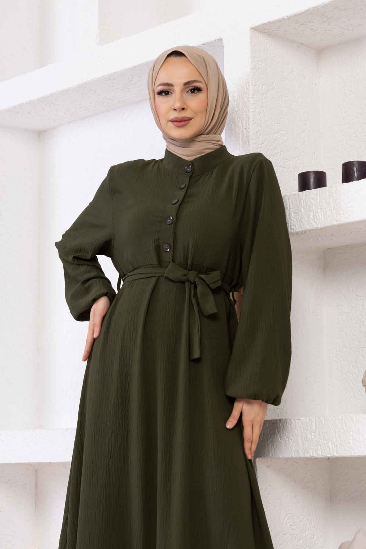Düğmeli Ayrobin Kumaş Elbise - Haki