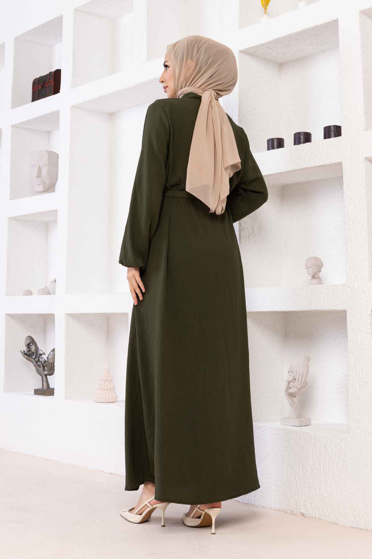 Düğmeli Ayrobin Kumaş Elbise - Haki