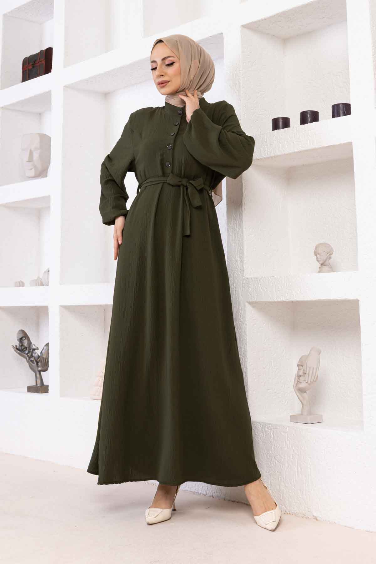 Düğmeli Ayrobin Kumaş Elbise - Haki