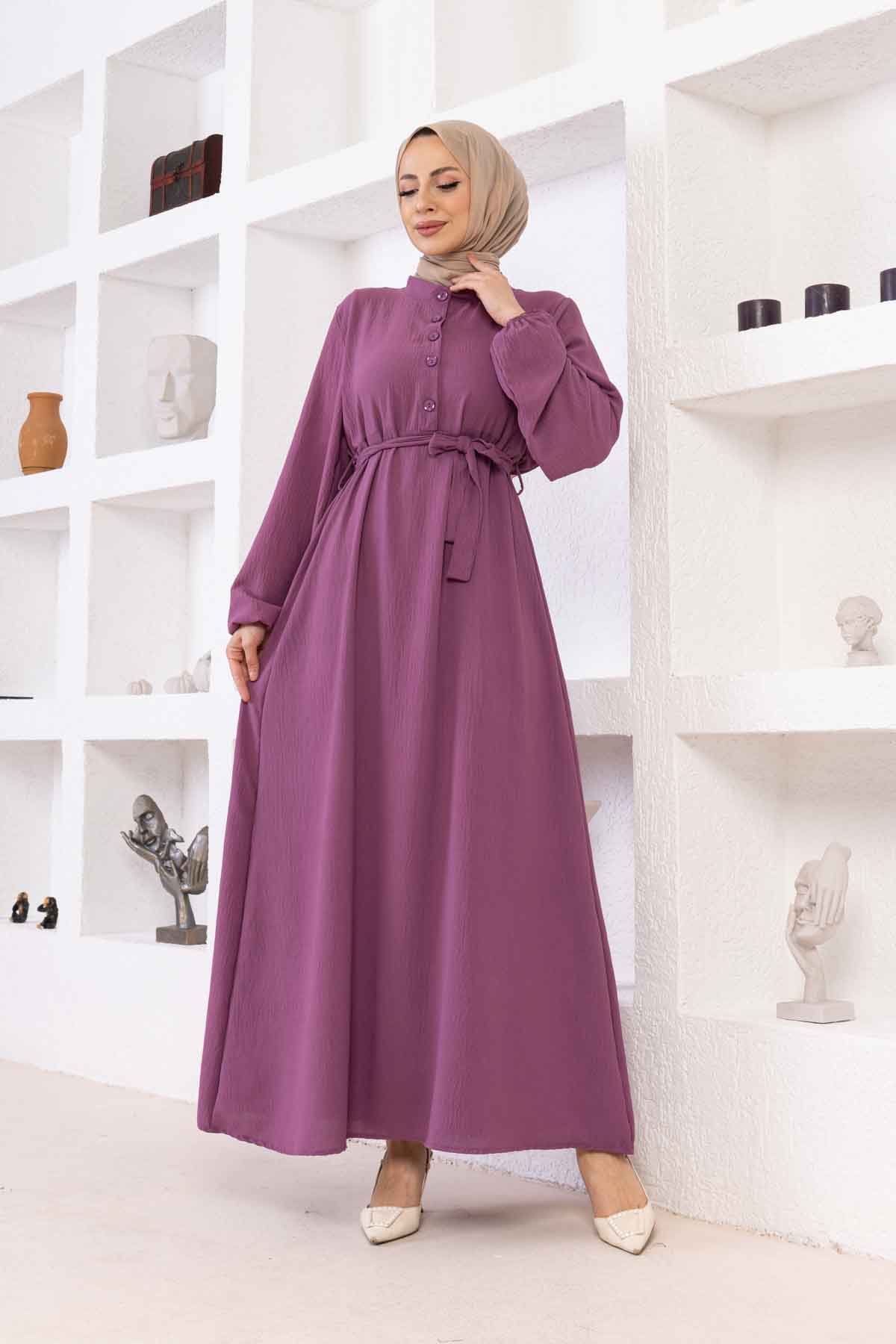 Düğmeli Ayrobin Kumaş Elbise - Lila