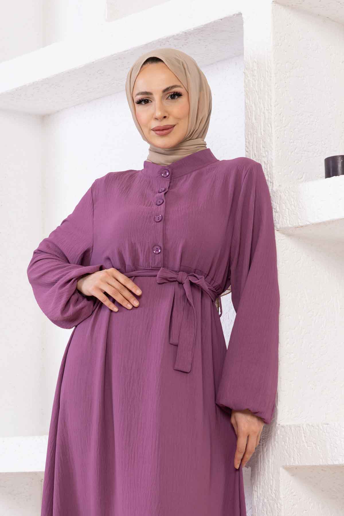 Düğmeli Ayrobin Kumaş Elbise - Lila