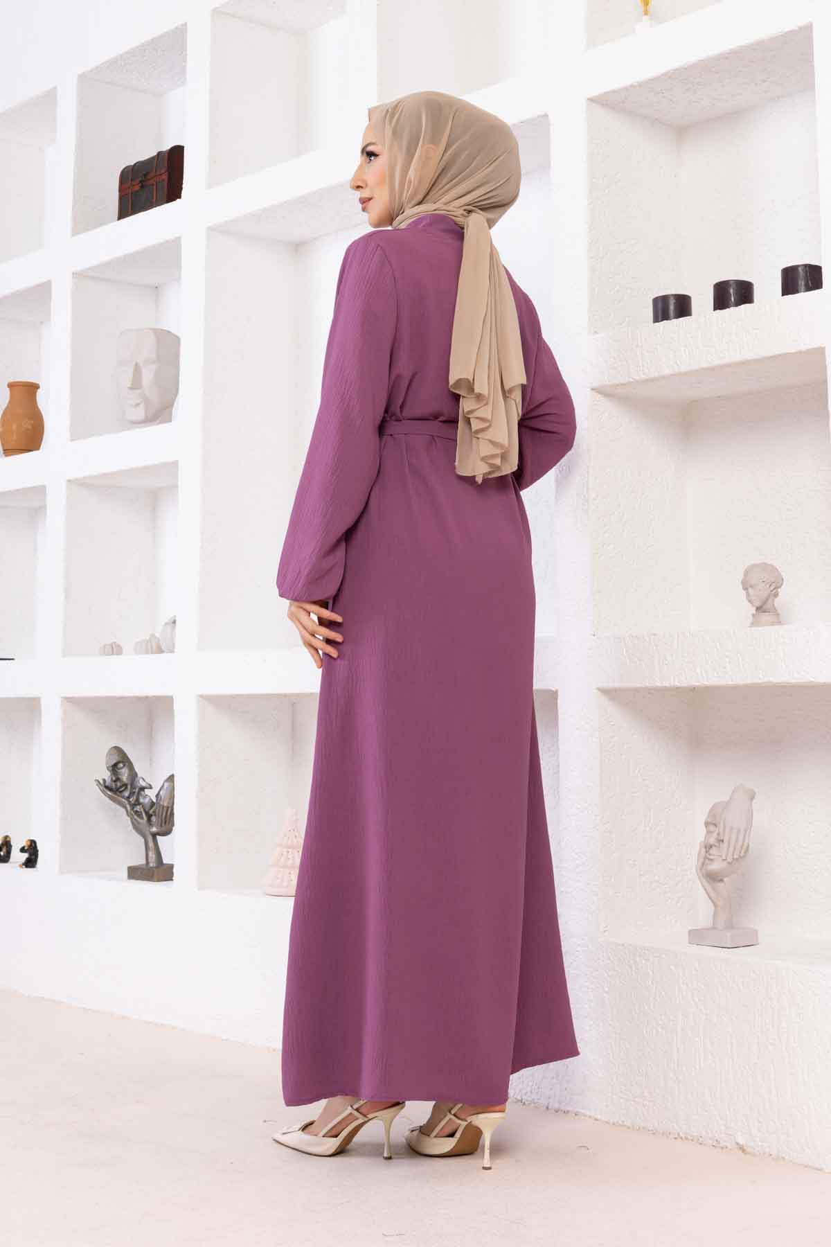 Düğmeli Ayrobin Kumaş Elbise - Lila