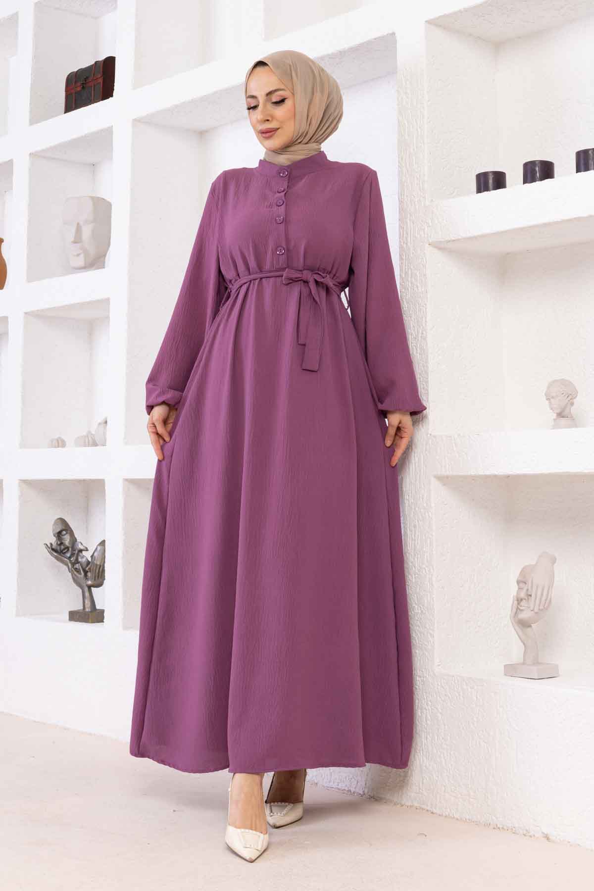 Düğmeli Ayrobin Kumaş Elbise - Lila