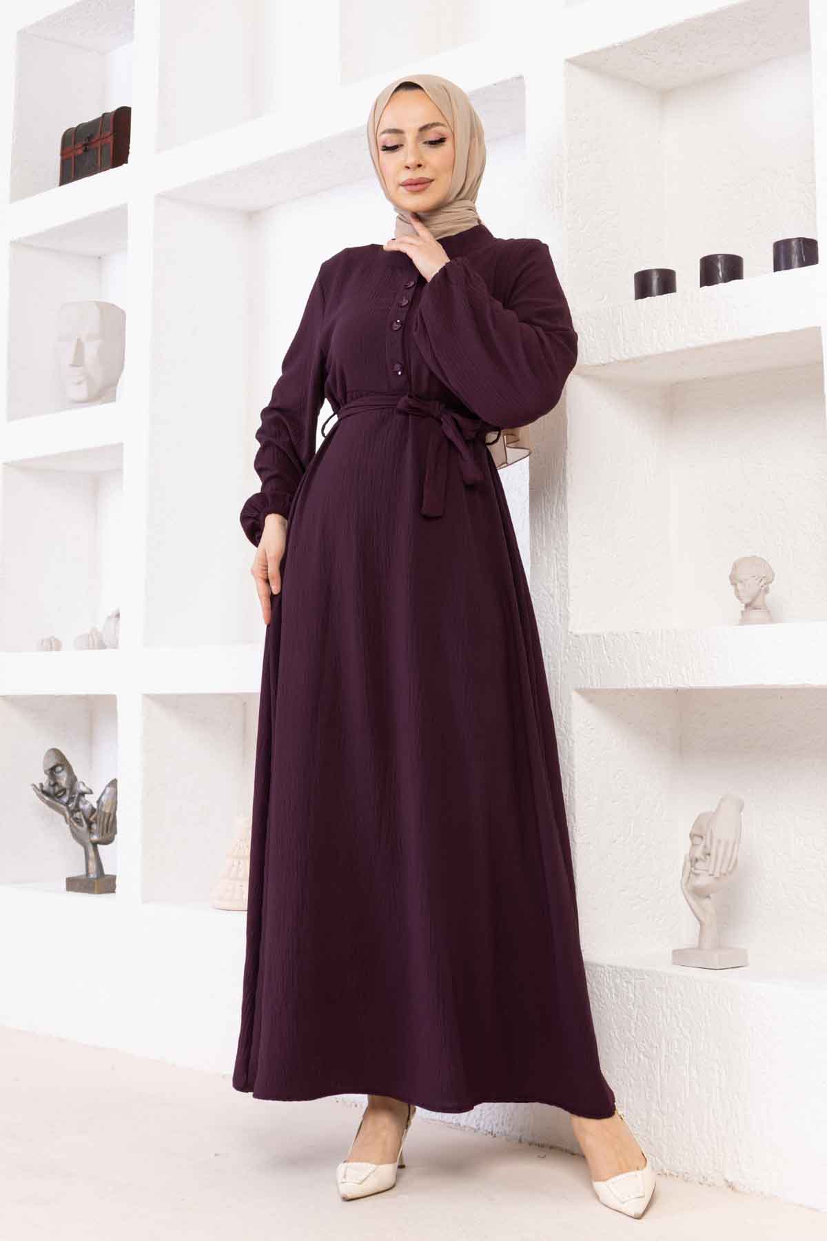 Düğmeli Ayrobin Kumaş Elbise - Mürdüm