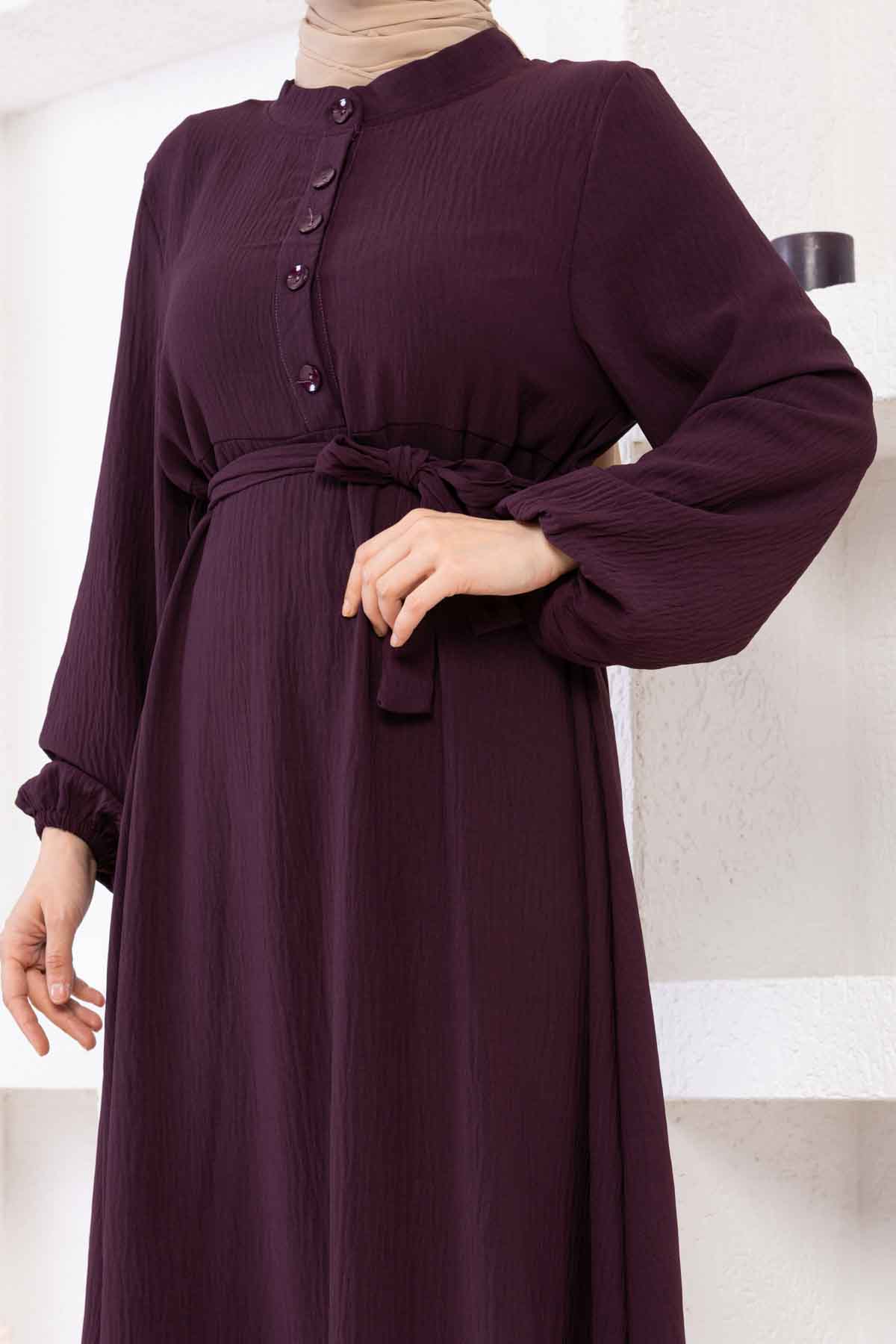 Düğmeli Ayrobin Kumaş Elbise - Mürdüm