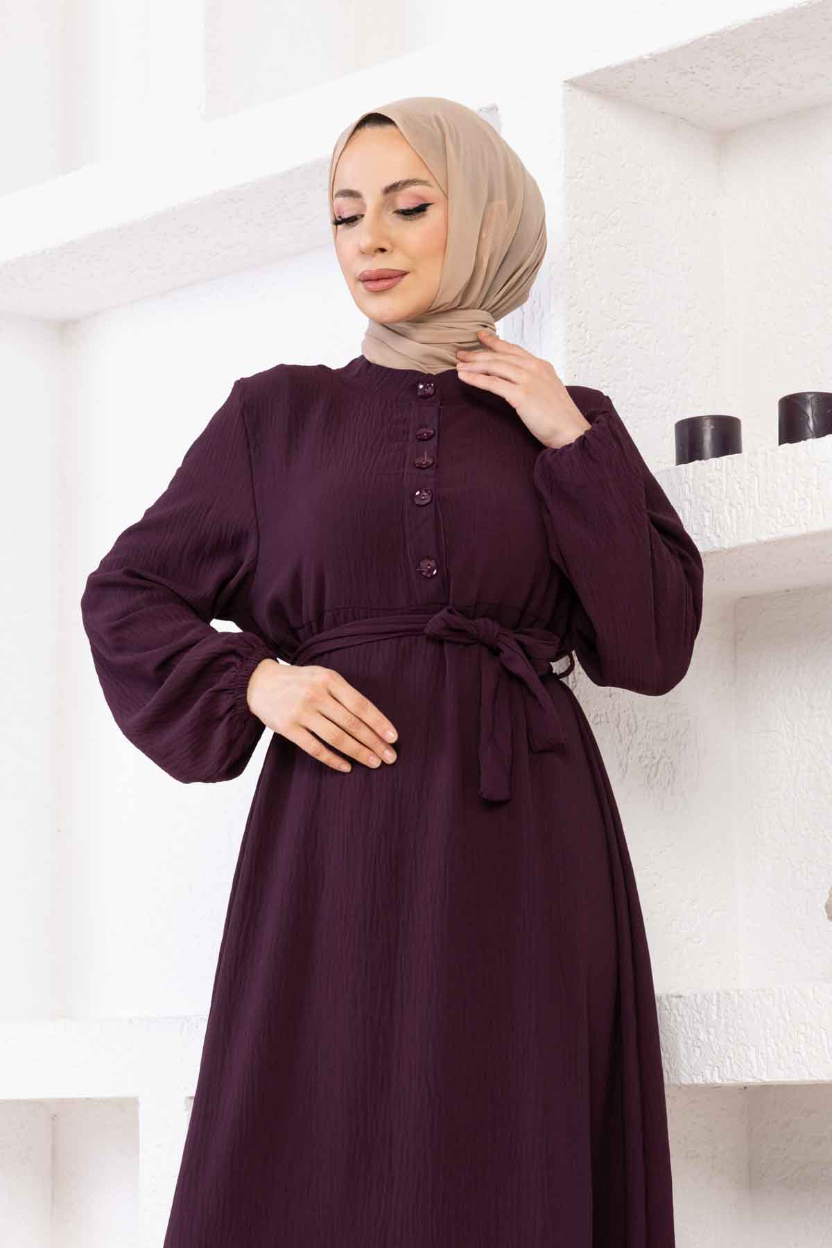 Düğmeli Ayrobin Kumaş Elbise - Mürdüm