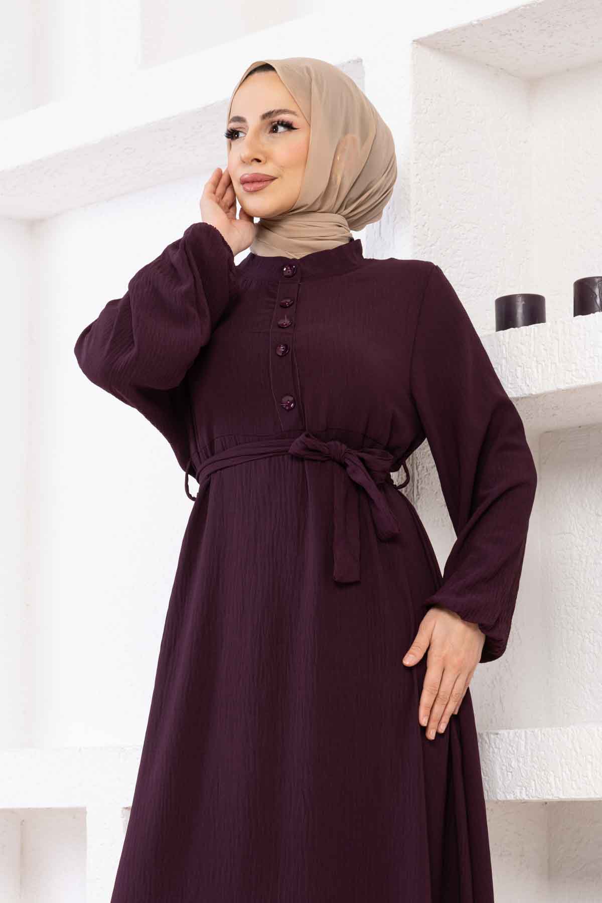Düğmeli Ayrobin Kumaş Elbise - Mürdüm
