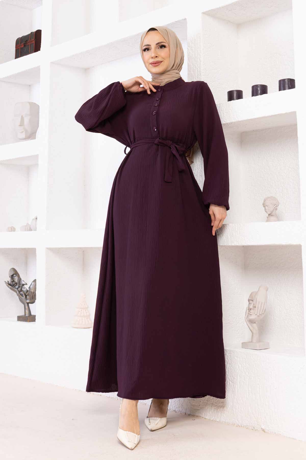 Düğmeli Ayrobin Kumaş Elbise - Mürdüm
