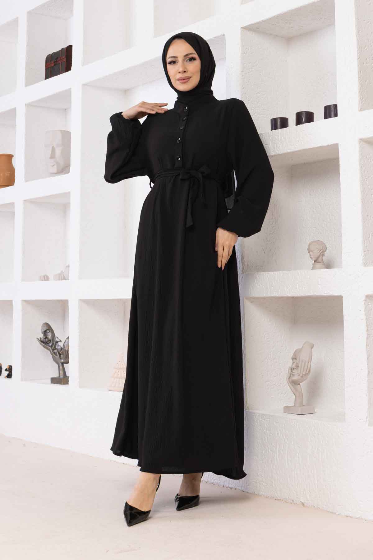 Düğmeli Ayrobin Kumaş Elbise - Siyah