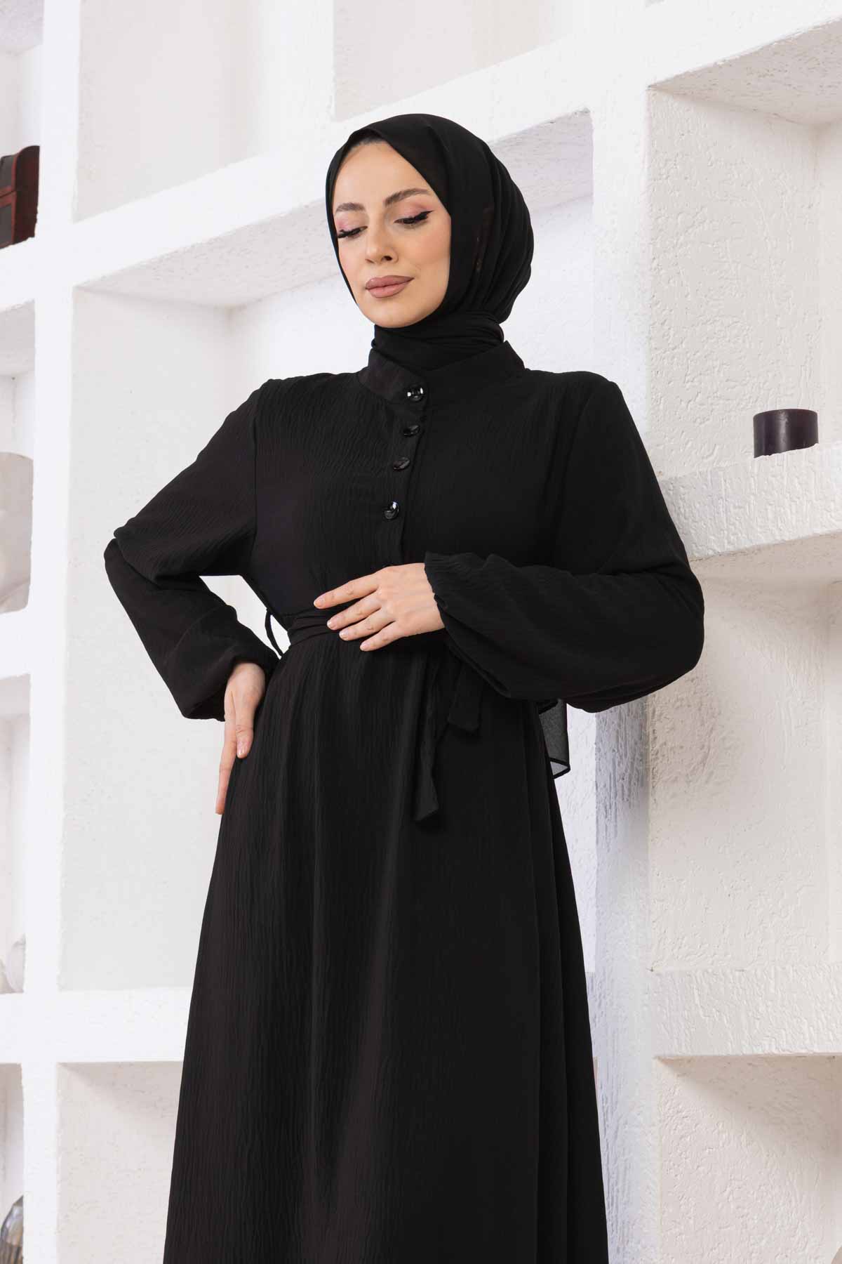 Düğmeli Ayrobin Kumaş Elbise - Siyah
