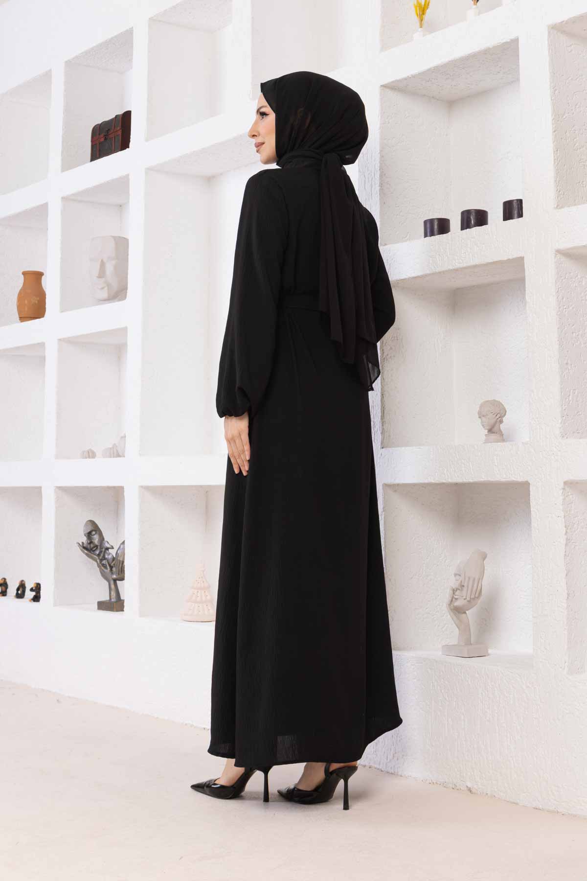 Düğmeli Ayrobin Kumaş Elbise - Siyah