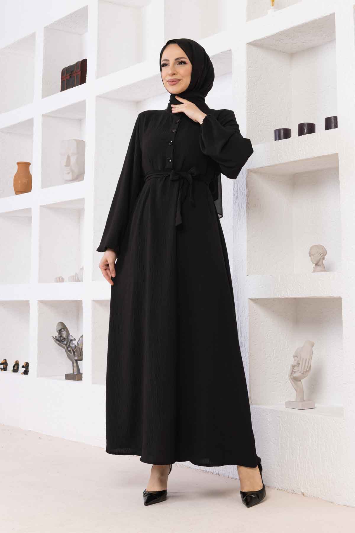 Düğmeli Ayrobin Kumaş Elbise - Siyah