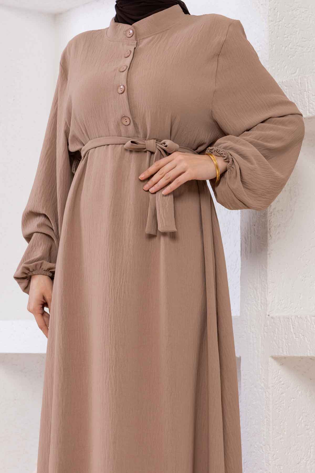 Düğmeli Ayrobin Kumaş Elbise - Vizon