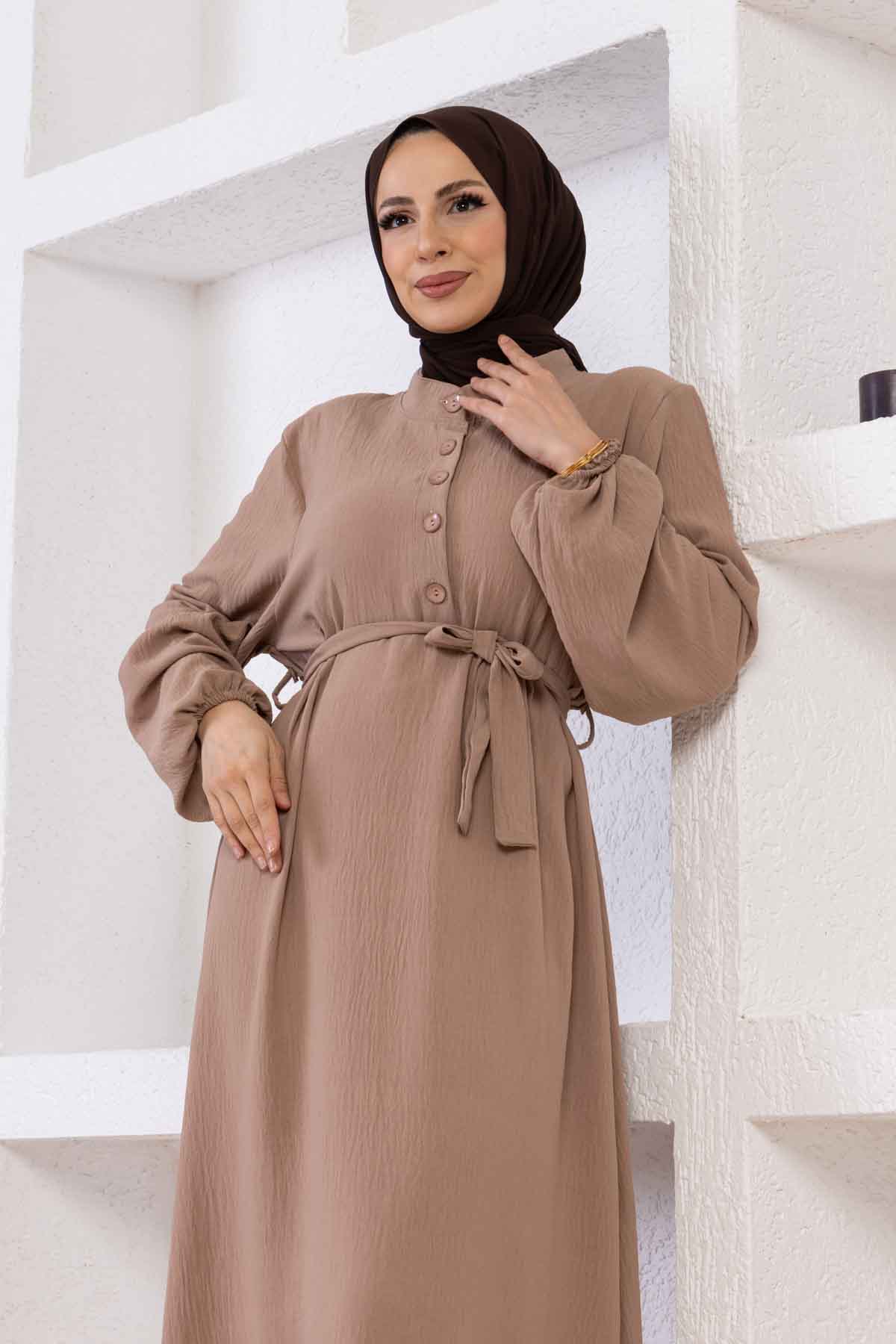 Düğmeli Ayrobin Kumaş Elbise - Vizon