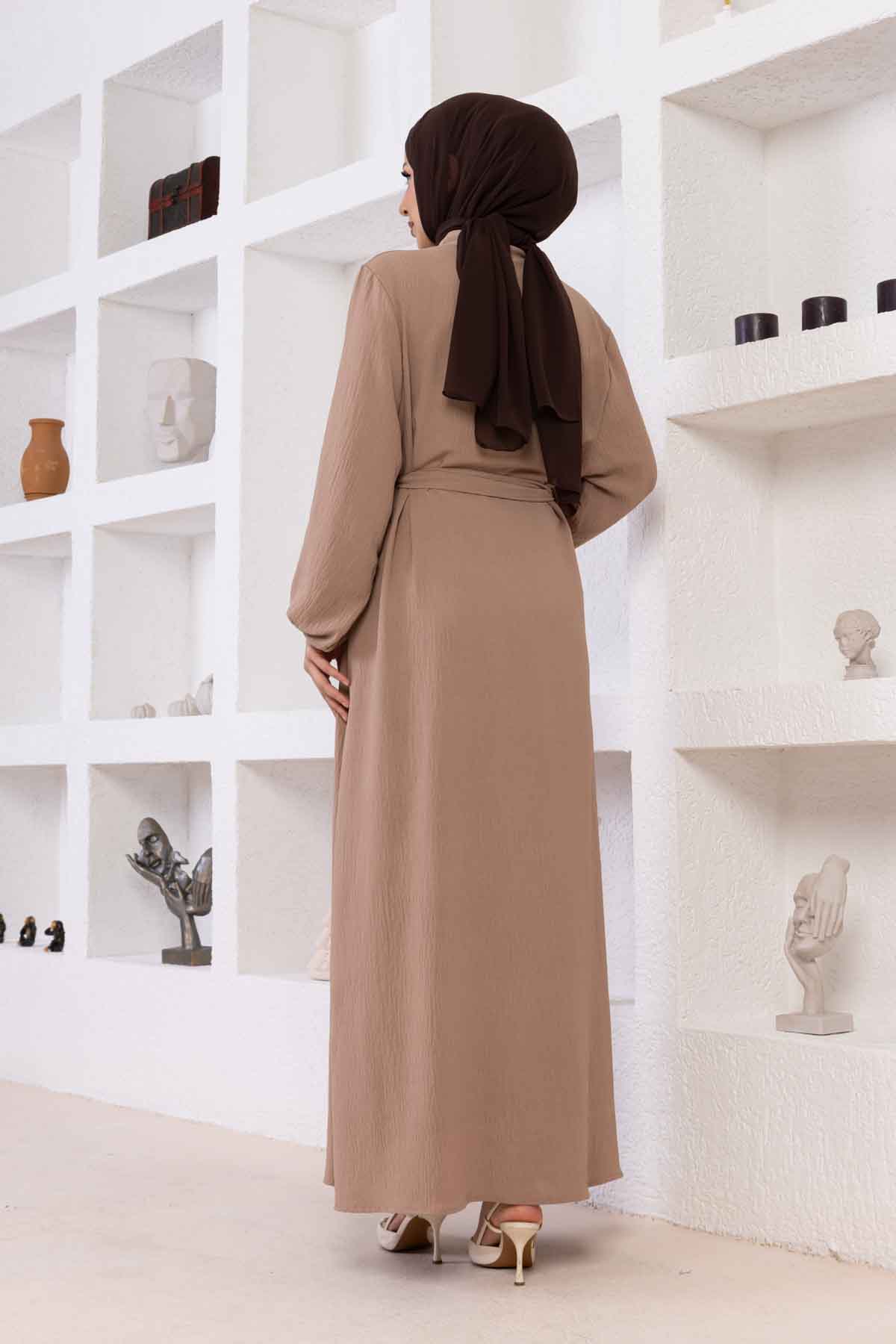 Düğmeli Ayrobin Kumaş Elbise - Vizon