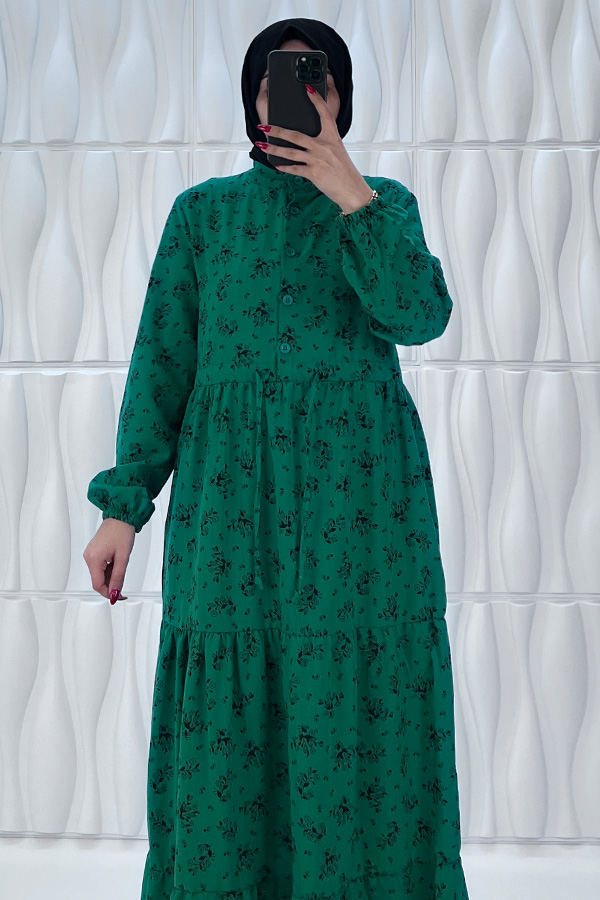 Düğmeli Bağlamalı Tesettür Elbise - Çam Yeşili