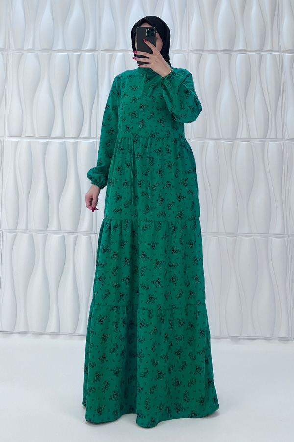 Düğmeli Bağlamalı Tesettür Elbise - Çam Yeşili