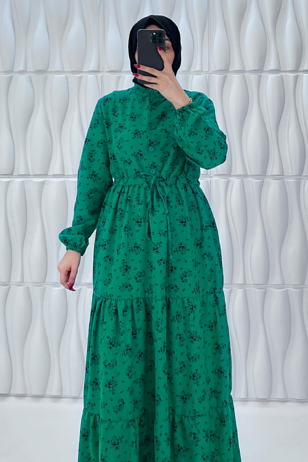 Düğmeli Bağlamalı Tesettür Elbise - Çam Yeşili
