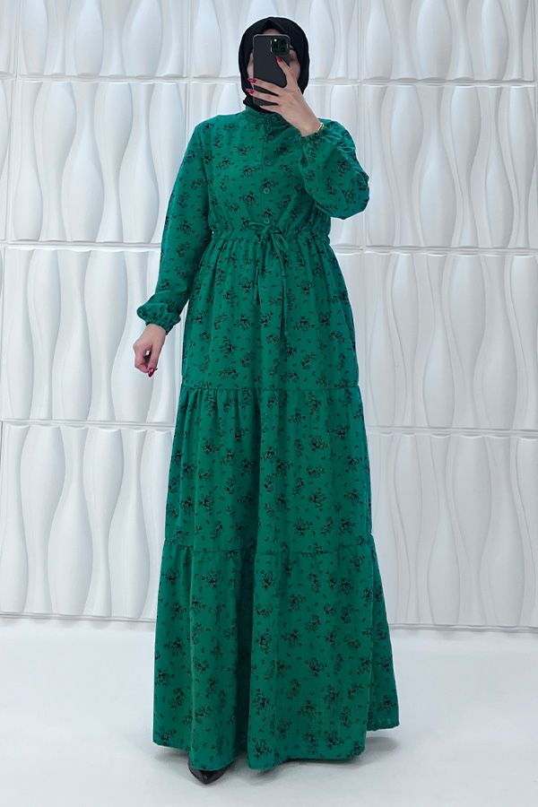 Düğmeli Bağlamalı Tesettür Elbise - Çam Yeşili