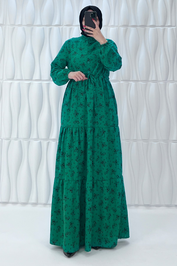 Düğmeli Bağlamalı Tesettür Elbise - Çam Yeşili