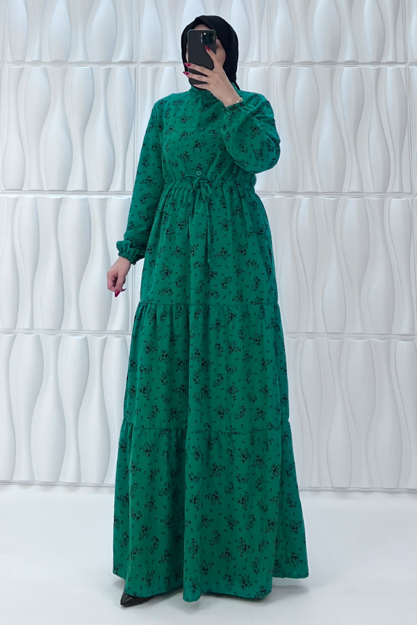 Düğmeli Bağlamalı Tesettür Elbise - Çam Yeşili