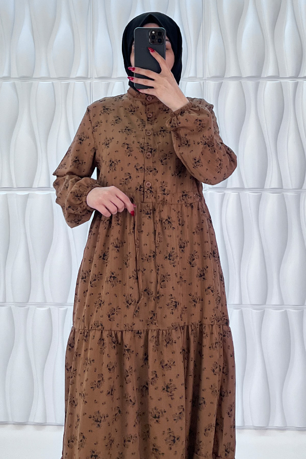 Düğmeli Bağlamalı Tesettür Elbise - Kahverengi Düğmeli Bağlamalı Tesettür Elbise - Kahverengi