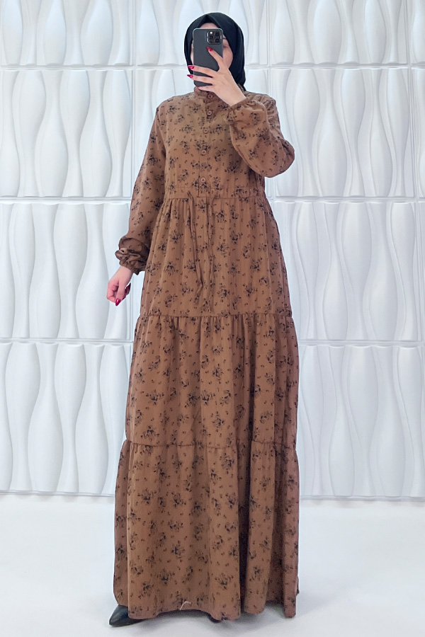 Düğmeli Bağlamalı Tesettür Elbise - Kahverengi Düğmeli Bağlamalı Tesettür Elbise - Kahverengi