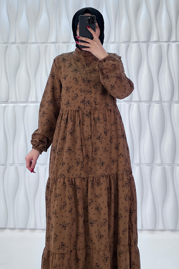 Düğmeli Bağlamalı Tesettür Elbise - Kahverengi Düğmeli Bağlamalı Tesettür Elbise - Kahverengi