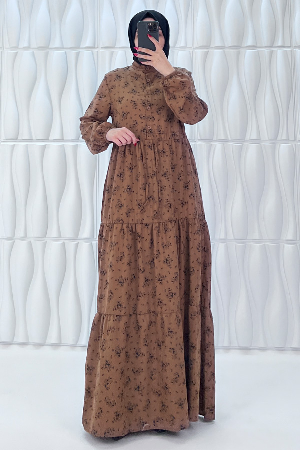 Düğmeli Bağlamalı Tesettür Elbise - Kahverengi Düğmeli Bağlamalı Tesettür Elbise - Kahverengi