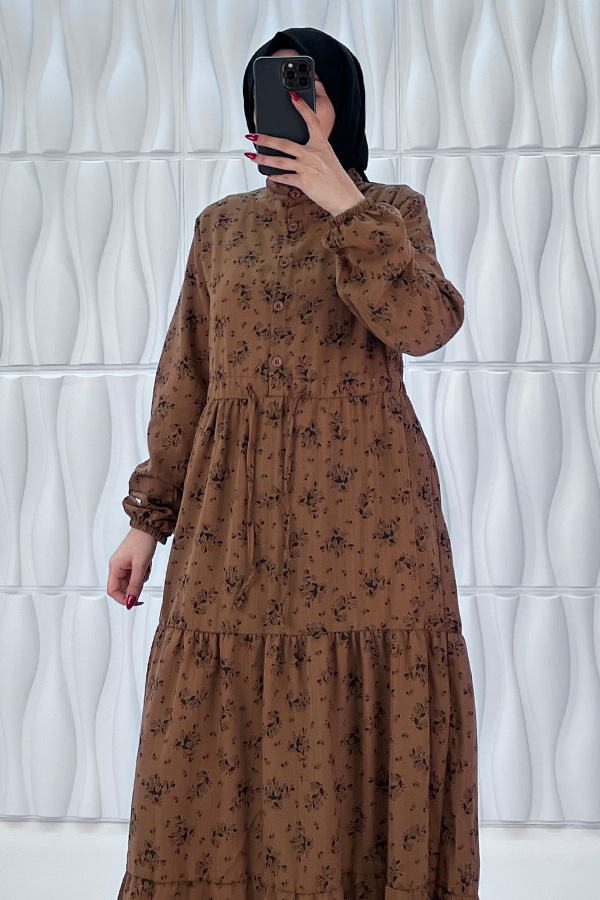 Düğmeli Bağlamalı Tesettür Elbise - Kahverengi Düğmeli Bağlamalı Tesettür Elbise - Kahverengi