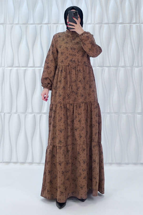 Düğmeli Bağlamalı Tesettür Elbise - Kahverengi Düğmeli Bağlamalı Tesettür Elbise - Kahverengi
