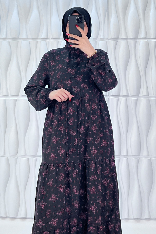 Düğmeli Bağlamalı Tesettür Elbise - Siyah Düğmeli Bağlamalı Tesettür Elbise - Siyah