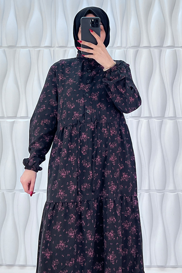 Düğmeli Bağlamalı Tesettür Elbise - Siyah Düğmeli Bağlamalı Tesettür Elbise - Siyah