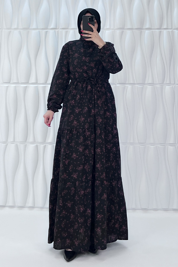 Düğmeli Bağlamalı Tesettür Elbise - Siyah Düğmeli Bağlamalı Tesettür Elbise - Siyah