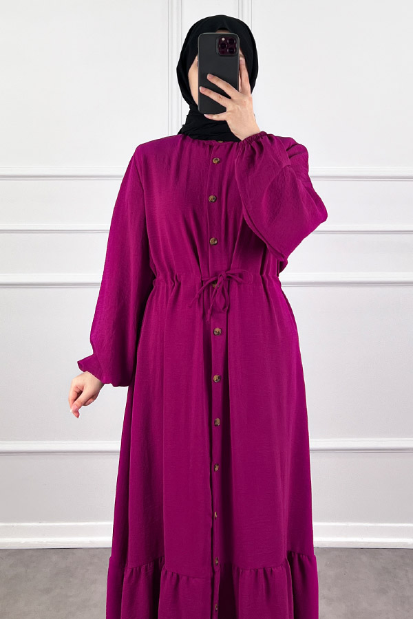 Düğmeli Bağlamalı Ferace Elbise - Fuşya