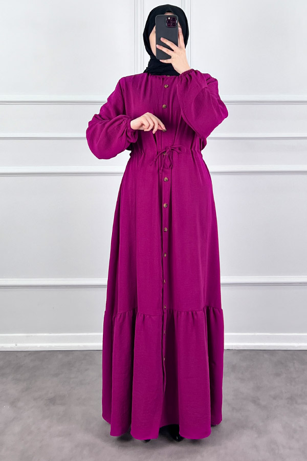 Düğmeli Bağlamalı Ferace Elbise - Fuşya