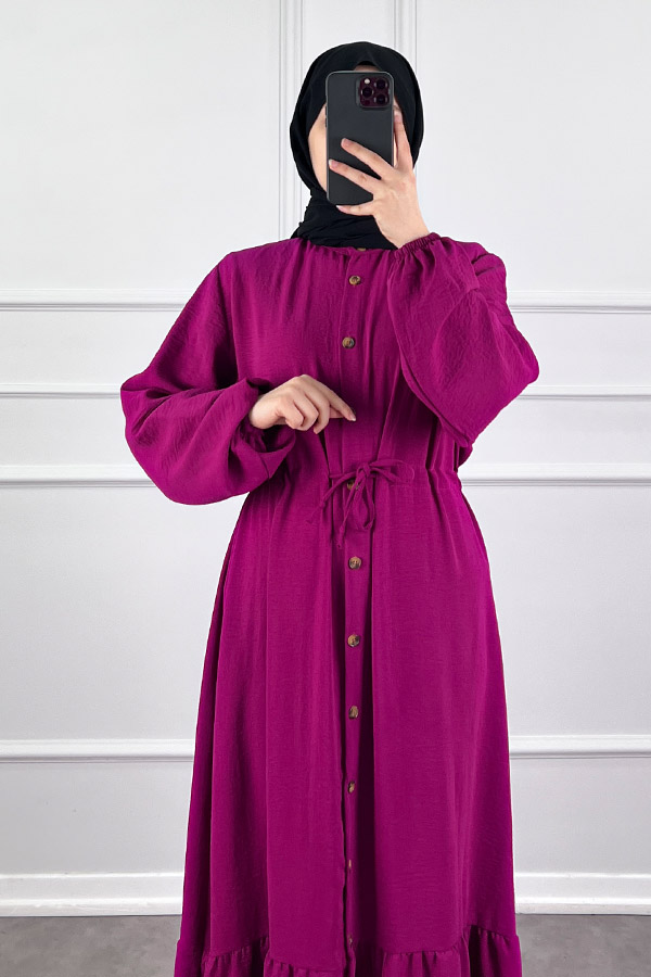 Düğmeli Bağlamalı Ferace Elbise - Fuşya