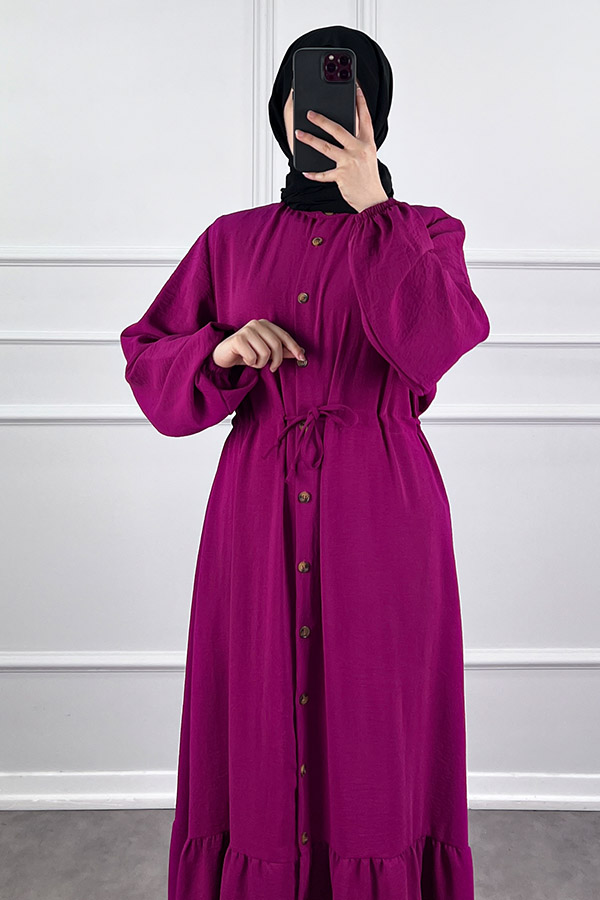 Düğmeli Bağlamalı Ferace Elbise - Fuşya