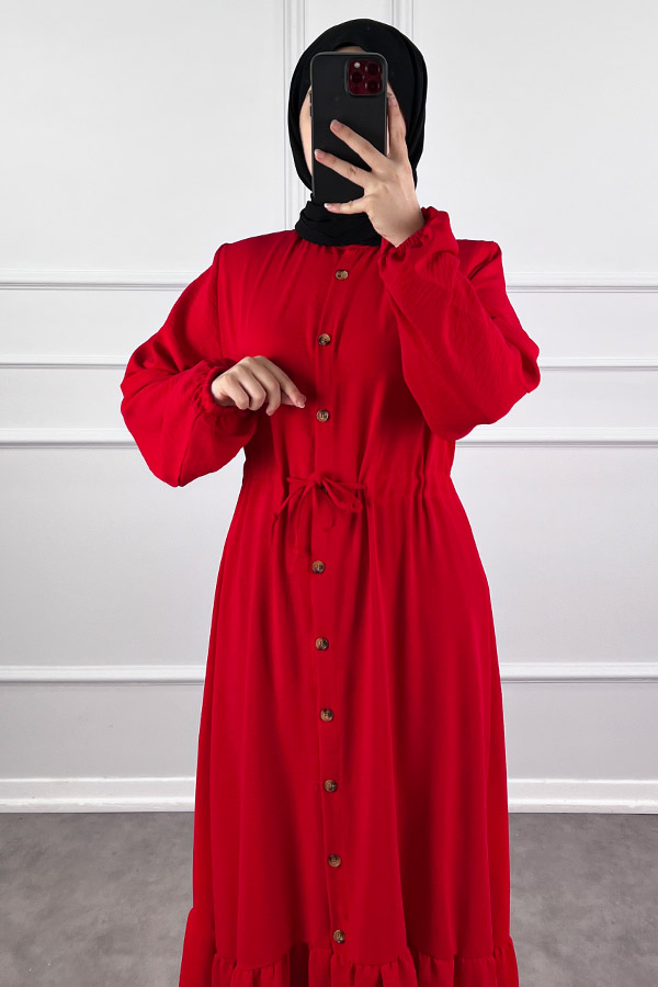 Düğmeli Bağlamalı Ferace Elbise - Kırmızı