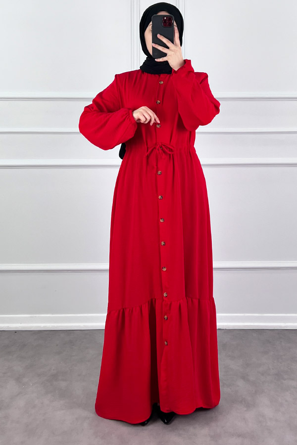 Düğmeli Bağlamalı Ferace Elbise - Kırmızı
