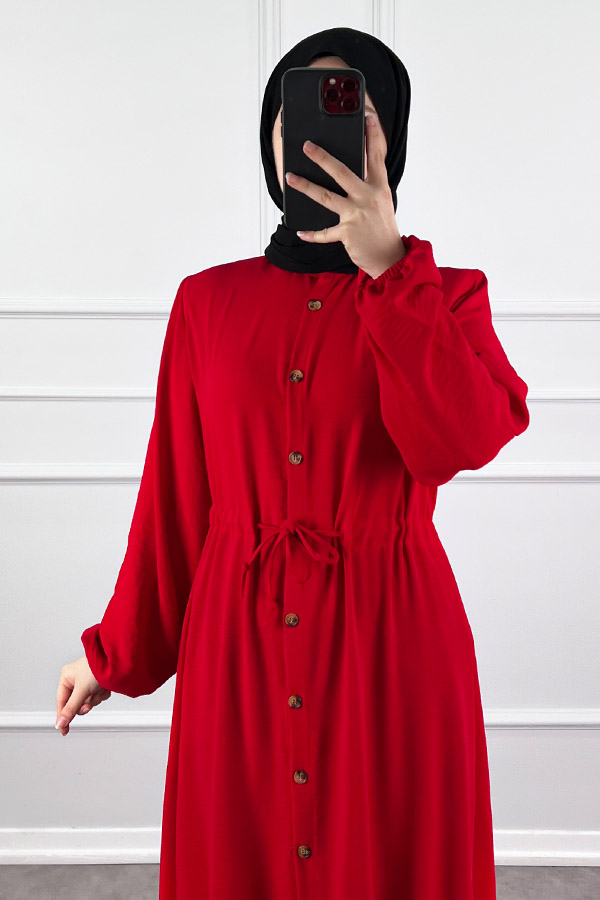 Düğmeli Bağlamalı Ferace Elbise - Kırmızı