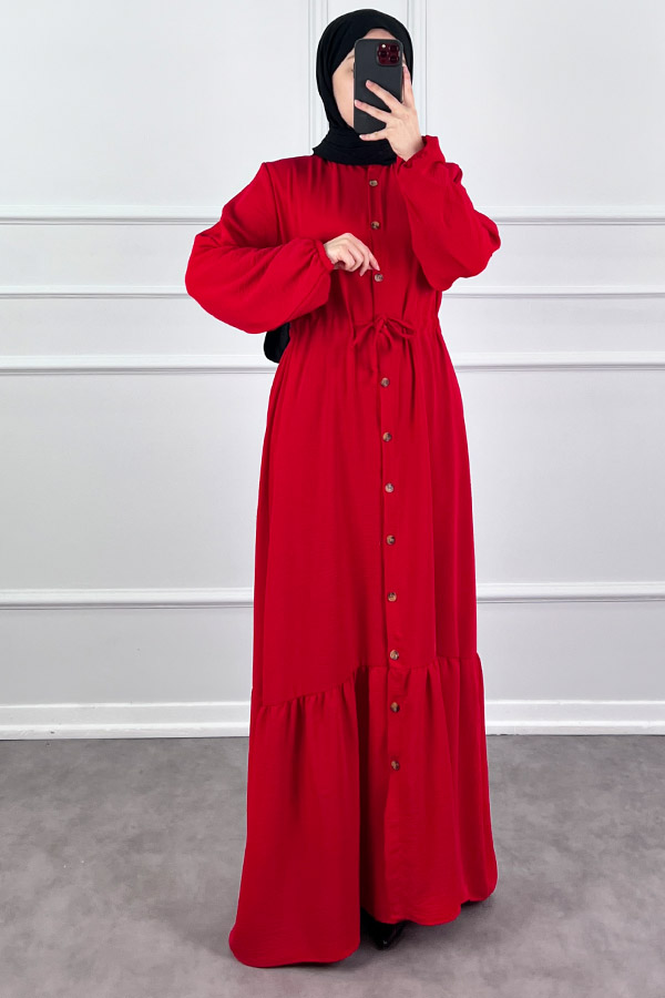 Düğmeli Bağlamalı Ferace Elbise - Kırmızı