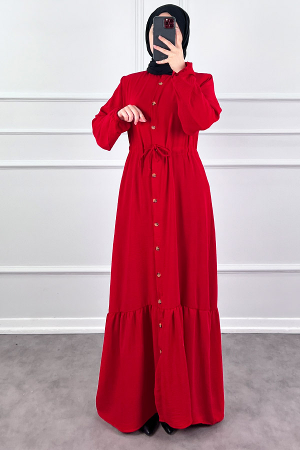Düğmeli Bağlamalı Ferace Elbise - Kırmızı
