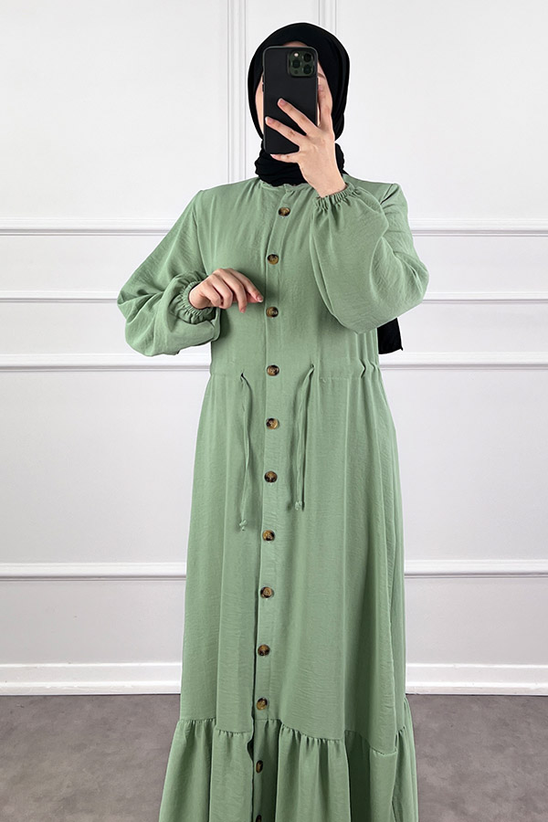 Düğmeli Bağlamalı Ferace Elbise - Su Yeşili Düğmeli Bağlamalı Ferace Elbise - Su Yeşili
