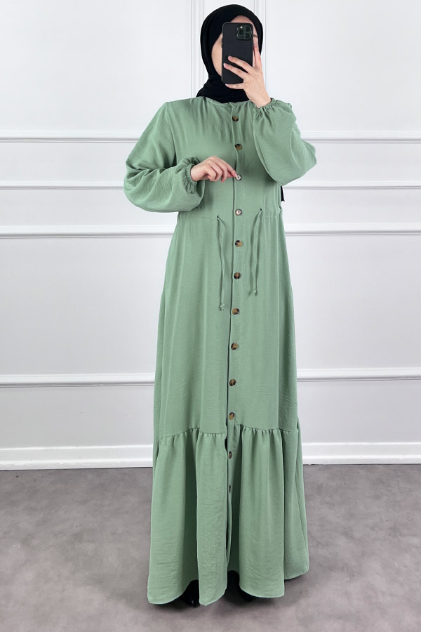 Düğmeli Bağlamalı Ferace Elbise - Su Yeşili Düğmeli Bağlamalı Ferace Elbise - Su Yeşili