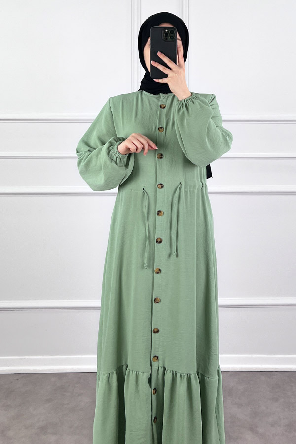 Düğmeli Bağlamalı Ferace Elbise - Su Yeşili Düğmeli Bağlamalı Ferace Elbise - Su Yeşili