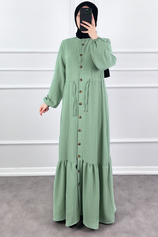 Düğmeli Bağlamalı Ferace Elbise - Su Yeşili Düğmeli Bağlamalı Ferace Elbise - Su Yeşili